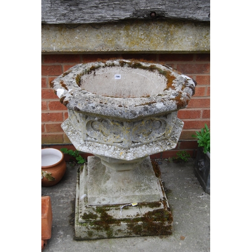 796 - OCTAGONAL STONEWARE GARDEN URN ON PLINTH (BASE STONE; A/F)