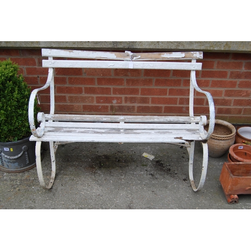 798 - WROUGHT IRON AND SLATTED GARDEN SEAT; A/F