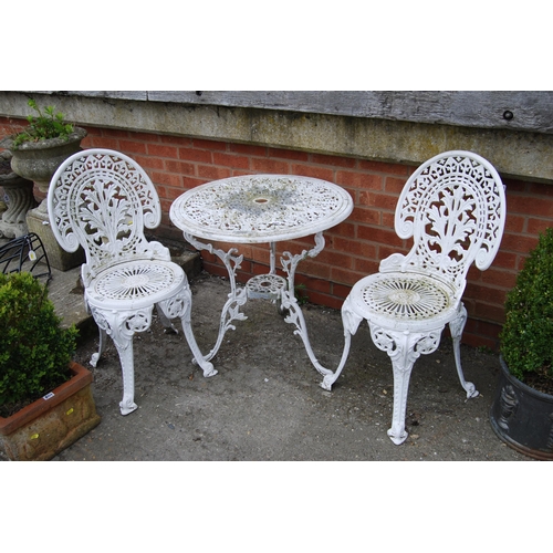 800 - PAINTED CIRCULAR METAL GARDEN TABLE AND 2 CHAIRS