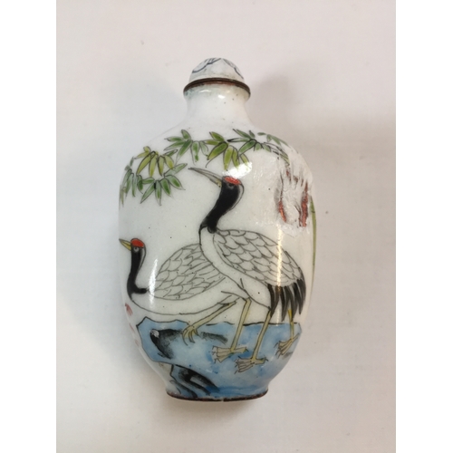 111 - CHINESE CERAMIC ON COPPER SCENT BOTTLE DECORATED HERONS IN POND; A/F, CHINESE CERAMIC SCENT BOTTLE D... 