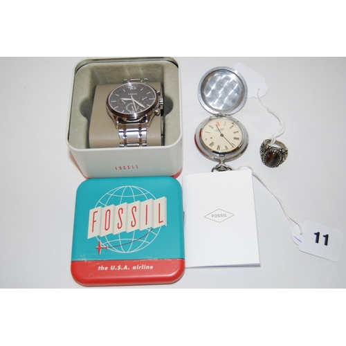 11 - SEKONDA POCKET WATCH, FOSSIL GENTS WRISTWATCH AND RING