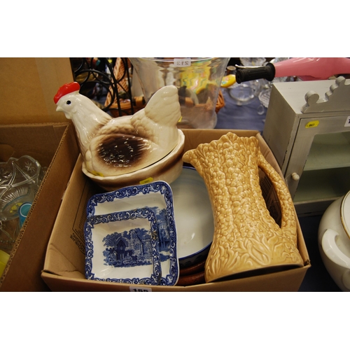 155 - MINTON BLUE AND WHITE BOWL, SYLVAC JUG, 2 ABBEY SHREDDED WHEAT DISHES, CHICKEN EGG BASKET, ETC.