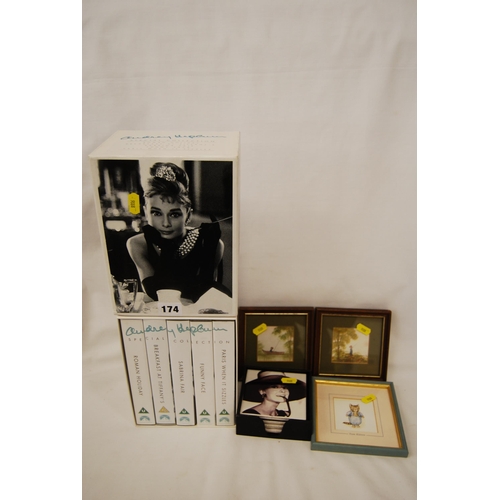 174 - AUDREY HEPBURN VIDEO COLLECTION AND 4 TILE COASTERS AND 3 MINIATURE PICTURES