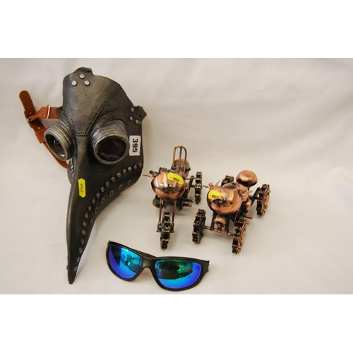 395 - 2 MODEL STEAMPUNK TINPLATE 3 WHEEL MOTORCYLES AND RUBBER STEAMPUNK MASK