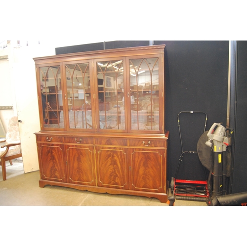 653 - REPRODUCTION MAHOGANY BOOKCASE CUPBOARD 197CM WIDTH X 42CM DEPTH X 199CM HIGH