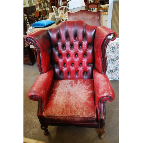 665 - RED LEATHER BUTTON BACK EARCAP LIBRARY ARMCHAIR