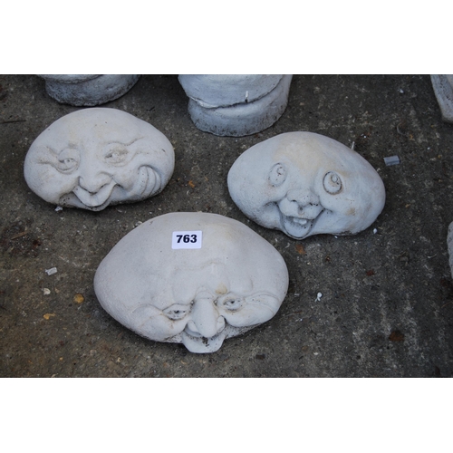 763 - 3 GARDEN FACE ORNAMENTS