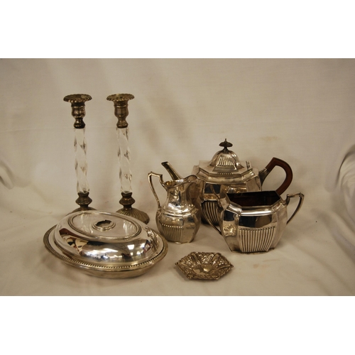 130 - SILVER PLATED TEAPOT, CREAM JUG, SUCRIER, ETC.