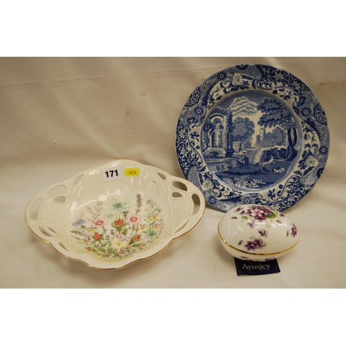 171 - AYNSLEY WILD VIOLETS EGG SHAPED TRINKET BOX, AYNSLEY WILD TUDOR DISH & SPODE BLUE & WHITE PLATE