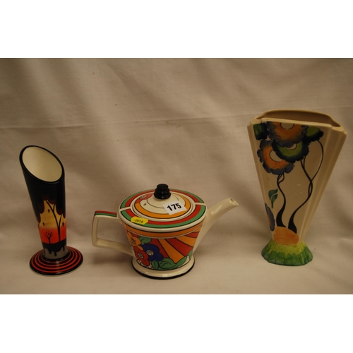 175 - BRIAN WOOD ARIZONA VASE, PAST TIMES CLARICE CLIFF TEAPOT & VASE