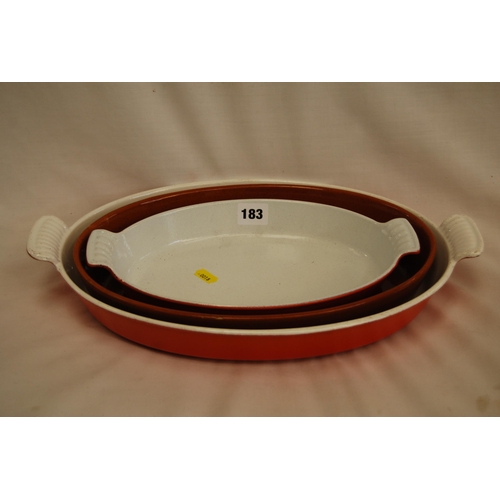 183 - 2 LE CREUSET IRON DISHES & LITTLE HENRY STONEWARE DISH