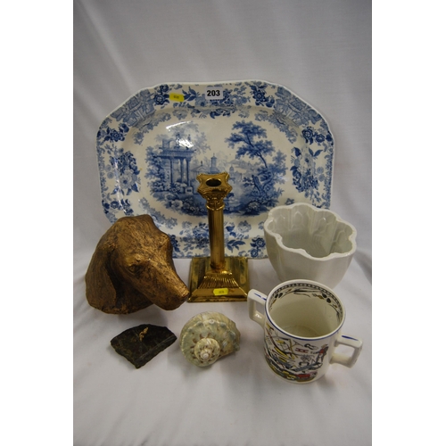 203 - GOD SPEED THE PLOUGH TANKARD, JELLY MOULD, BLUE & WHITE MEAT PLATE, CORINTHIUM COLUMN CANDLESTICK & ... 