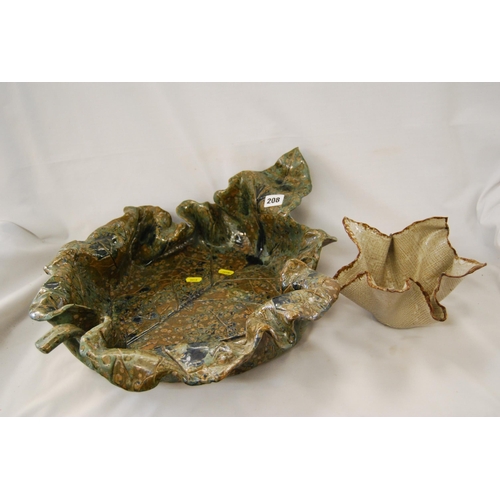 208 - LARGE ART WARE LEAF SHAPED DISH SIGND JANIE DAVIES & STONEWARD HANDKERCHIEF DISH BY MOIRA CLINCH