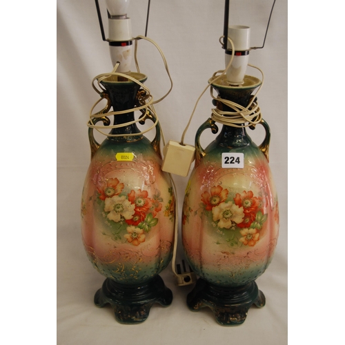 224 - PAIR OF EDWARDIAN 2 HANDLED VASES CONVERTED TO TABLE LAMPS