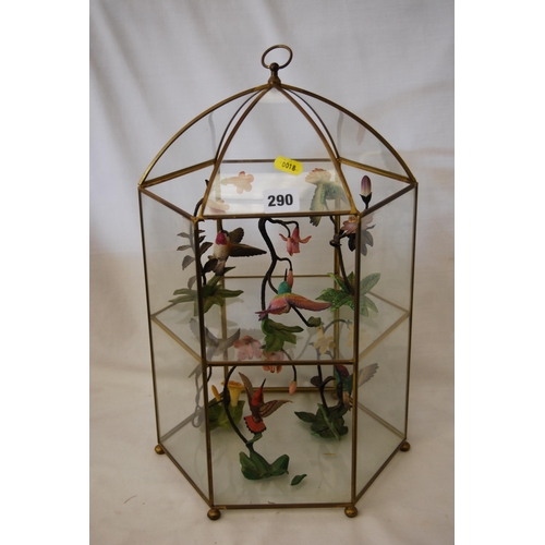 290 - 6 FRANKLIN MINT PORCELAIN HUMMINGBIRDS IN HEXAGONAL GLASS TERRARIUM DISPLAY STAND (1 A/F)