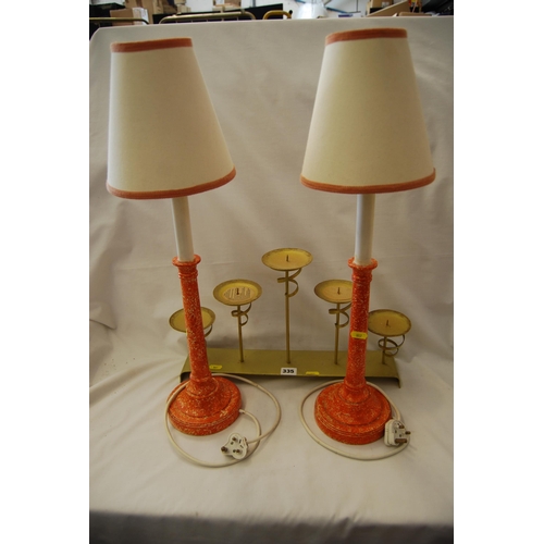 335 - PAIR OF MODERN CANDLESTICK TABLE LAMPS AND PRICKET CANDLESTICK