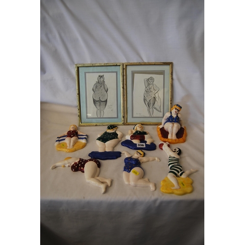 336 - 7 VARIOUS HAND PAINTED CERAMIC WALL PLAQUES, FIGURE AND PAIR OF PRINTS OF BATHING BEAUTIES