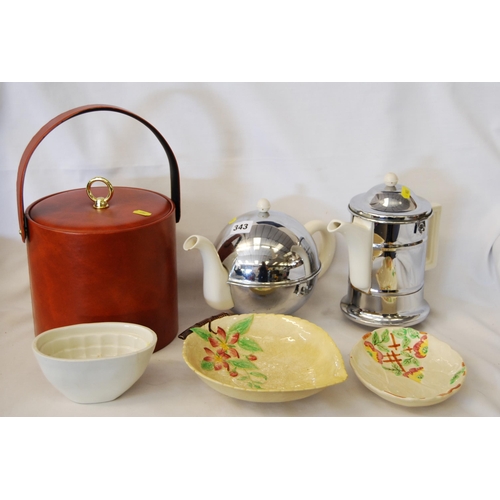 343 - HEATMASTER TEAPOT AND COFFEE POT, GEORGIO BRITARD LEATHER ICE BUCKET, CARLTON LEAF DISH, ETC.