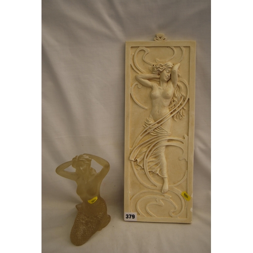 379 - PLASTER RELIEF PLAQUE OF ART NOUVEAU LADY AND PERSPEX MERMAID FIGURE