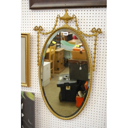 398 - RETRO OVAL BEVELLED WALL MIRROR IN CLASSICAL STYLE GILT FRAME