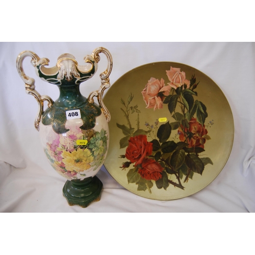 408 - LARGE EDWARDIAN TWO HANDLED VASE AND FLORAL WALL PLAQUE