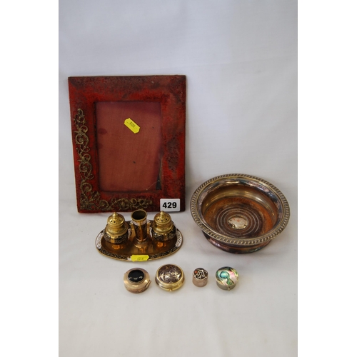 429 - QUANTITY OF PILL BOXES, SILVER PLATED COASTER, CRUET SET AND FRAME