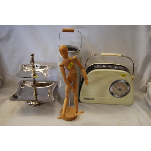 434 - TIN IN FORM OF TRANSISTOR RADIO, PAINTED BILLY CAN, ARTICULATED MANIKIN AND CHROME 2 HEIGHT CAKE STA... 