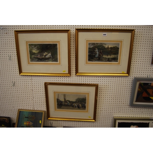 545 - THREE 19TH CENTURY COLOURED ENGRAVINGS IN GILT FRAMES