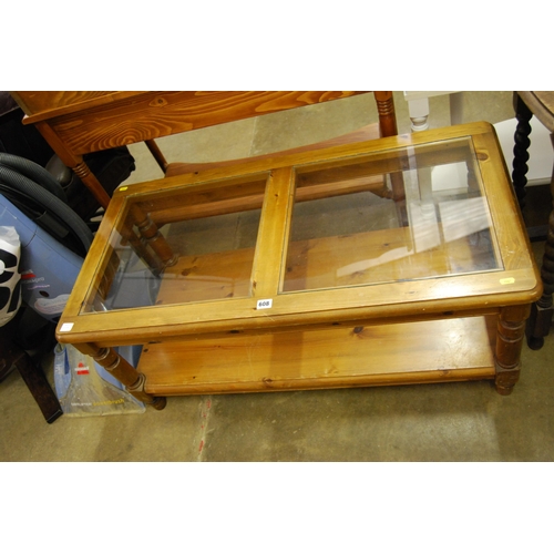 608 - PINE 2 HEIGHT COFFEE TABLE WITH GLASS PANEL TOP