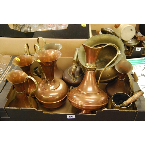 64 - 19TH CENTURY COPPER KETTLE, 6 GRADUATED COPPER & BRASS JUGS, ETC