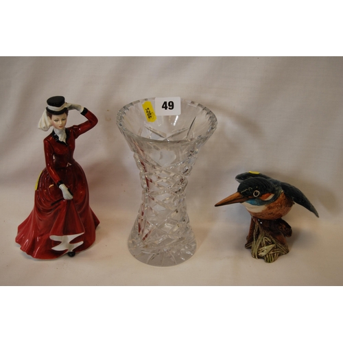 49 - BESWICK KINGFISHER, FRANCESKA BONE CHINA FIGURE OF LAVINIA & CUT GLASS VASE