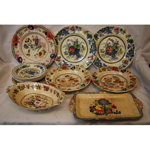 52 - 11 VARIOUS MASONS PLATES, SANDWICH TRAY AND BOAT SHAPED DISH (A/F)