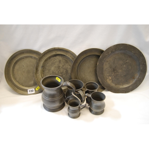 122 - FIVE 19TH CENTURY PEWTER GRADUATED MEASURES 1 PINT & 1/2 GILL AND 4 PEWTER PLATES