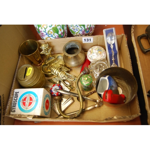 131 - QUANTITY OF MISCELLANEOUS ITEMS, INCLUDING BRASS BARREL MONEY BOX, BRASS LOBSTER, GYROSCOPE