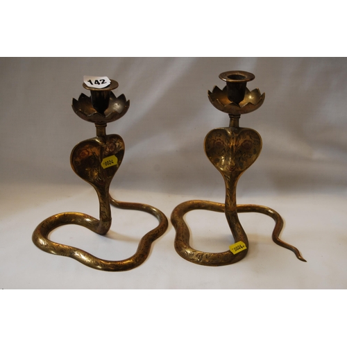 142 - PAIR OF INDIAN BONARIES WARE COBRA CANDLESTICKS