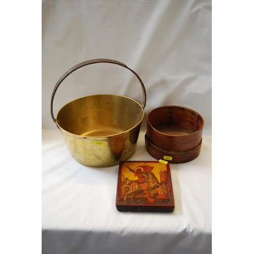 151 - 19TH CENTURY BRASS PRESERVING PAN, VINTAGE WOODEN SIEVE AND GEORGE & THE DRAGON PLAQUE