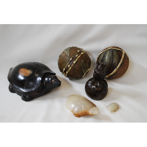 168 - CARVED HARDWOOD TURTLE, 2 CARVED SOAPSTONE TURTLES, 2 CARVED SHELLS & MODERN FIGURE OF MOUSE ON AN A... 