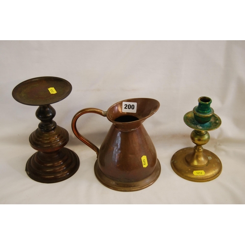 200 - BRASS CANDLESTICK, BRONZED STATUE & SMALL COPPER JUG