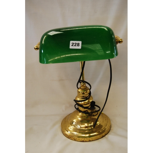 228 - BRASS STUDENTS LAMP WITH GREEN GLASS SHADE