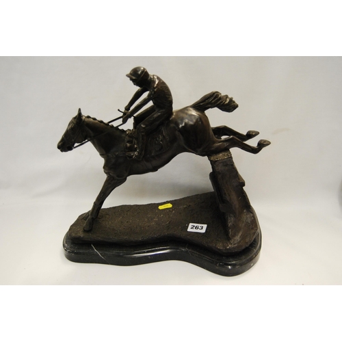 263 - MODERN BRONZE GROUP OF HORSE & JOCKEY CLEARING A FENCE ON MARBLE BASE