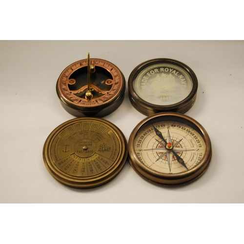 266 - CIRCULAR BRASS 100 YEAR CALENDAR/COMPASS AND SUNDIAL COMPASS