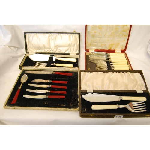 304 - PAIR OF FISH SERVERS IN CASES, SET OF SIX FISH KNIVES & FORKS IN CASE, ETC