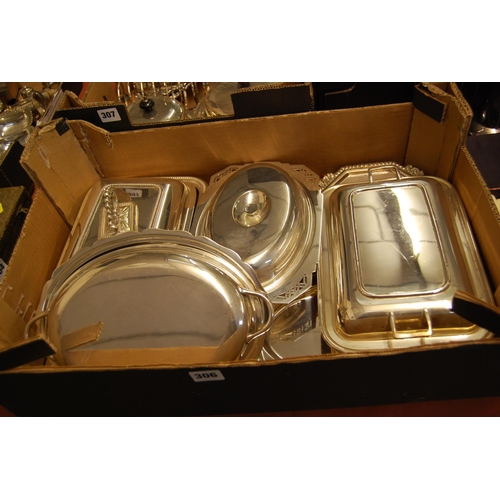 306 - 4 VARIOUS SILVER PLATED ENTREE DISHES, ETC