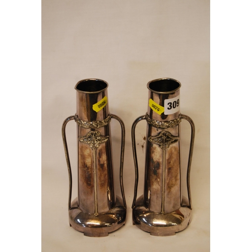 309 - PAIR OF ART NOUVEAU SILVER EPBH 2 HANDLED VASES WITH TAPER HANDLES