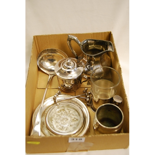 318 - SILVER PLATED BARREL VESTA HOLDER, SILVER PLATED CUP WITH GLASS LINER, PAIR OF CARVER RESTS, LADLE, ... 