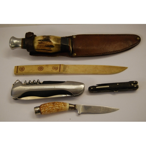 349 - HORN HANDLED SHEATH KNIFE, SCOTTISH ANTLER HANDLED SGIAN DUBH, 2 POCKET KNIVES & LETTER OPENER