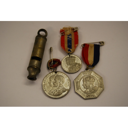 350 - VINTAGE INTERNATIONAL WHISTLE & 3 COMMEMORATIVE GEORGE V MEDALS