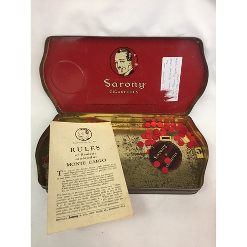 sarony cigarettes VINTAGE SARONY CIGARETTE TIN WITH ROULETTE GAME LID, WHEEL & COUNTERS