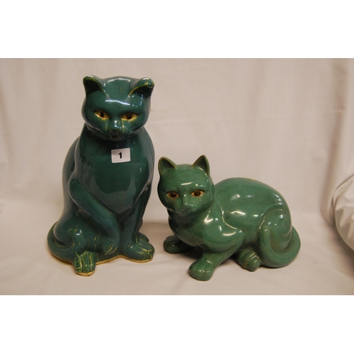 1 - 2 JADE GREEN CERAMIC FIRESIDE CATS