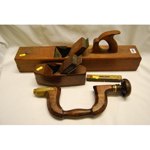 109 - VINTAGE BREAST DRILL, JACK PLANE & 1 OTHER SPIRIT LEVEL